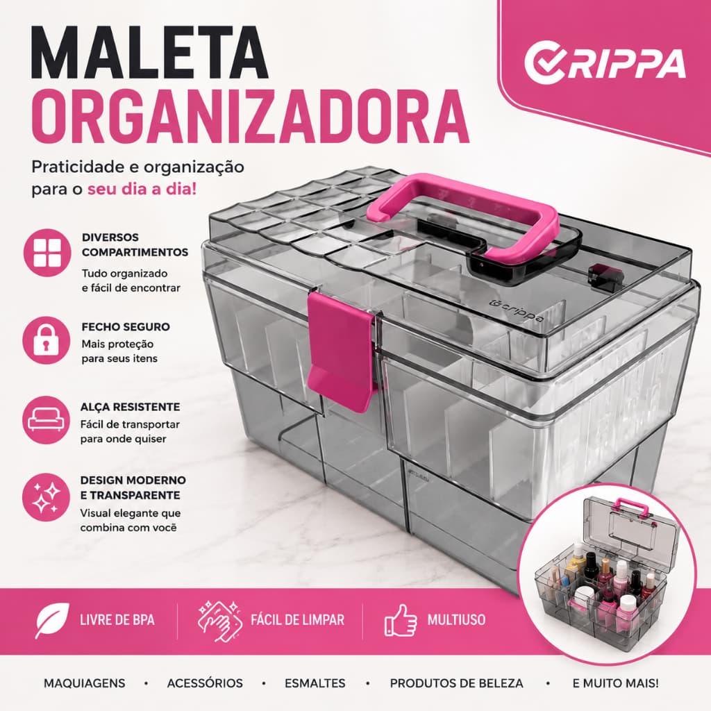 Maleta Organizadora Crippa Fumê com Bandeja Interna e Divisórias Rosa para Maquiagem