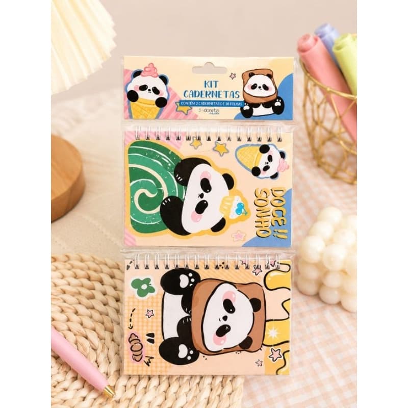 Kit 2 Mini Cadernetas Panda Fofinho 38 Folhas Pautadas Decoradas Espiral 14x10 cm