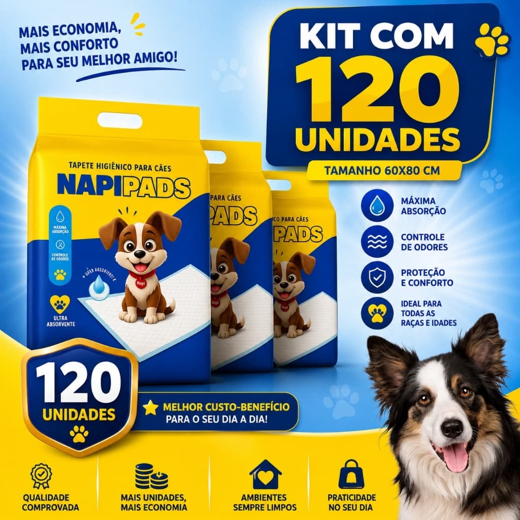 Kit Até 120 Tapetes Higiênicos 80x60 Napi Pads para Cachorro Pets Grande Ultra Absorção