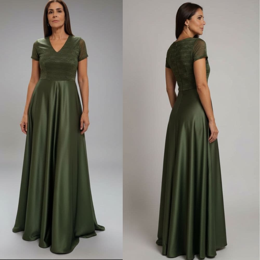 VESTIDO LONGO VERDE OLIVA COM PEITO DE TULE E SAIA DE CREPE ACETINADO PARA FESTA MADRINHA E CASAMENTO