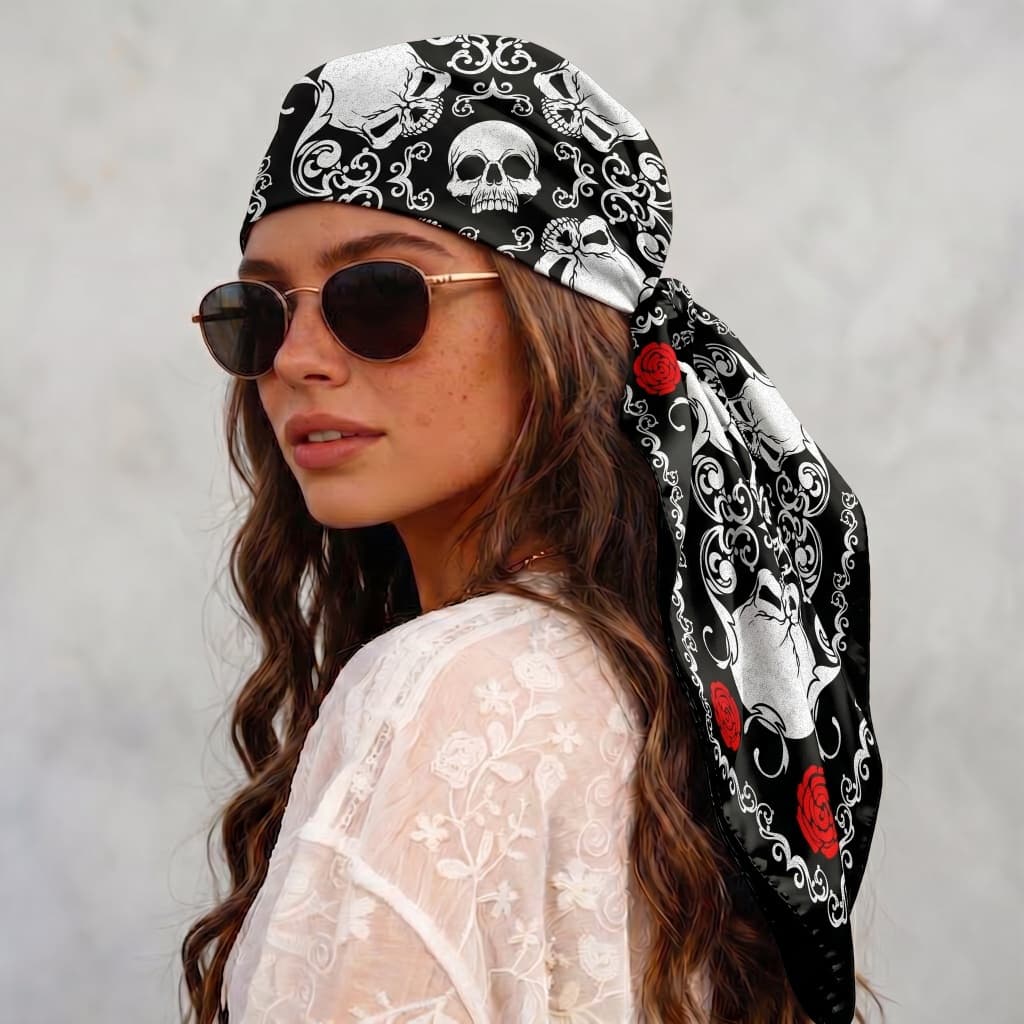 Lenço Bandana Rock Caveira Rosas Dark Punk Skull Helanca Premium 60cm ou 90cm Pescoço Cabelo Cabeça