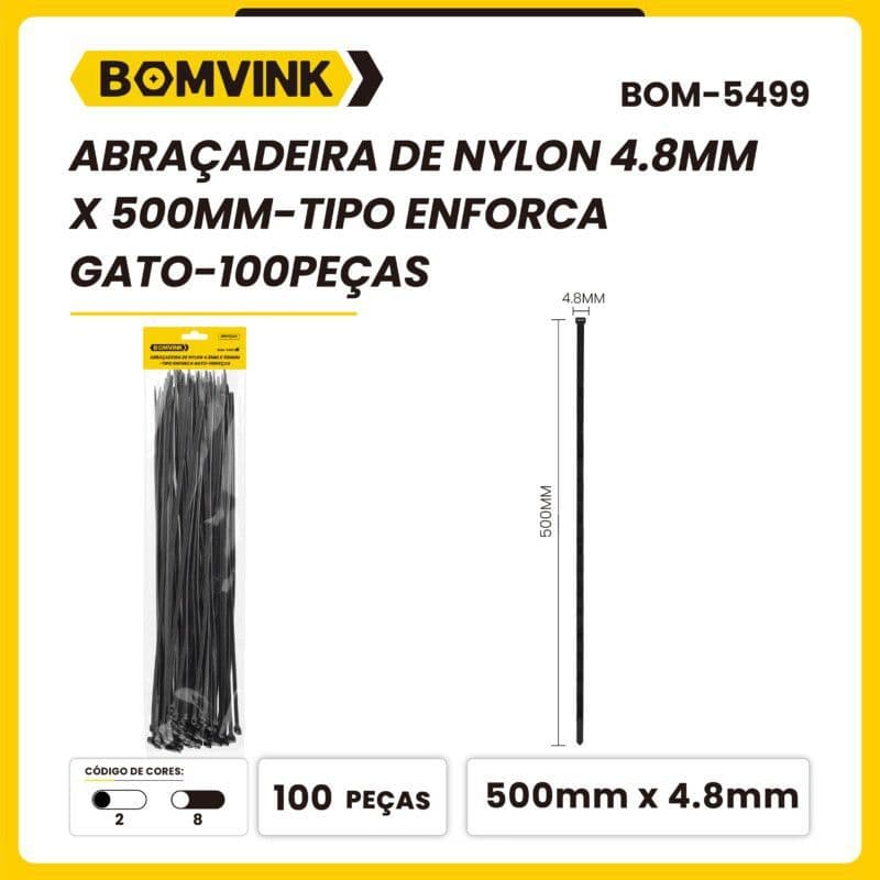 Abraçadeira de Nylon 4.8mm X 500mm - Tipo Enforca Gato 100 peças