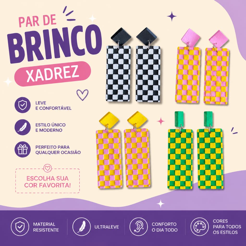 Par De Brinco Longo Colorido Quadriculado Geométrico Xadrez Diversas Cores|Retrô 6cm • Tarraxa