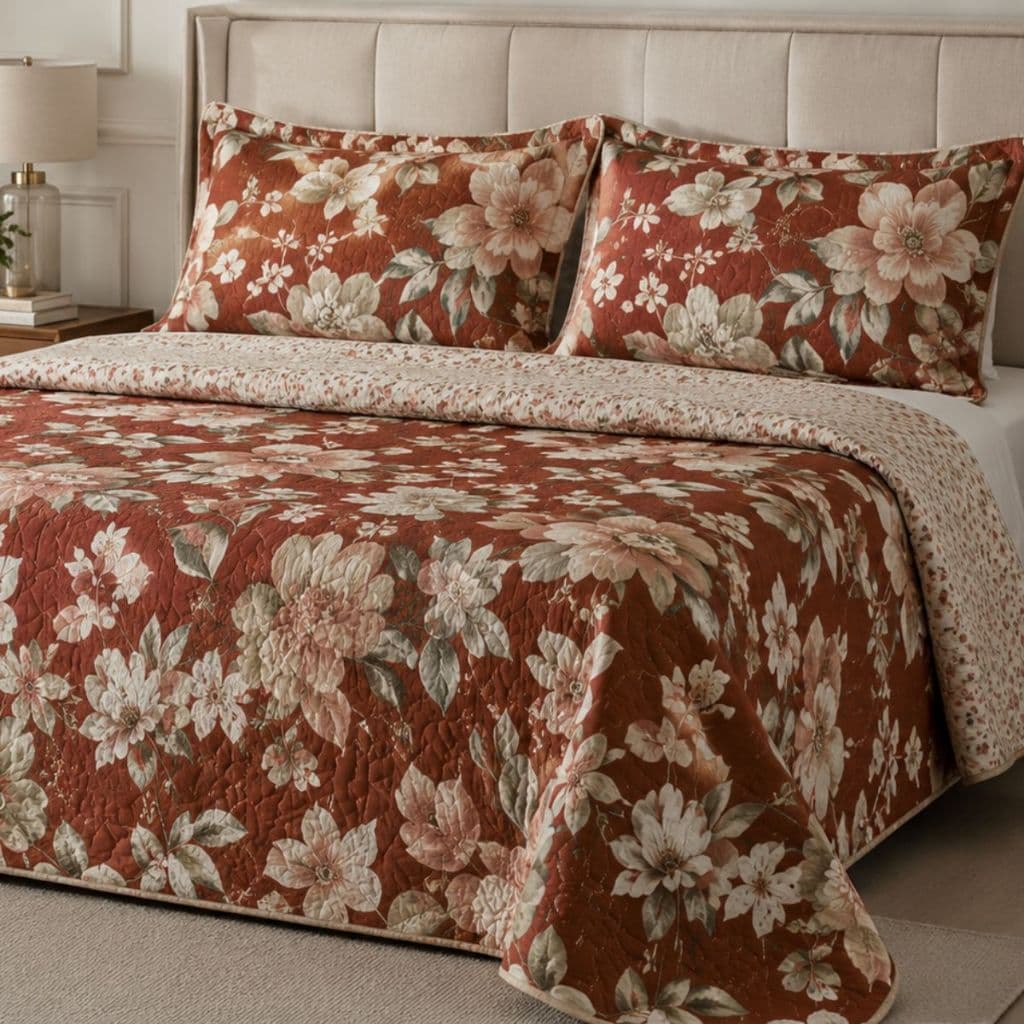 Colcha Queen Cobre Leito 3 Peças Estampado Dupla Face Porta Travesseiro Enxoval c/ Fronhas