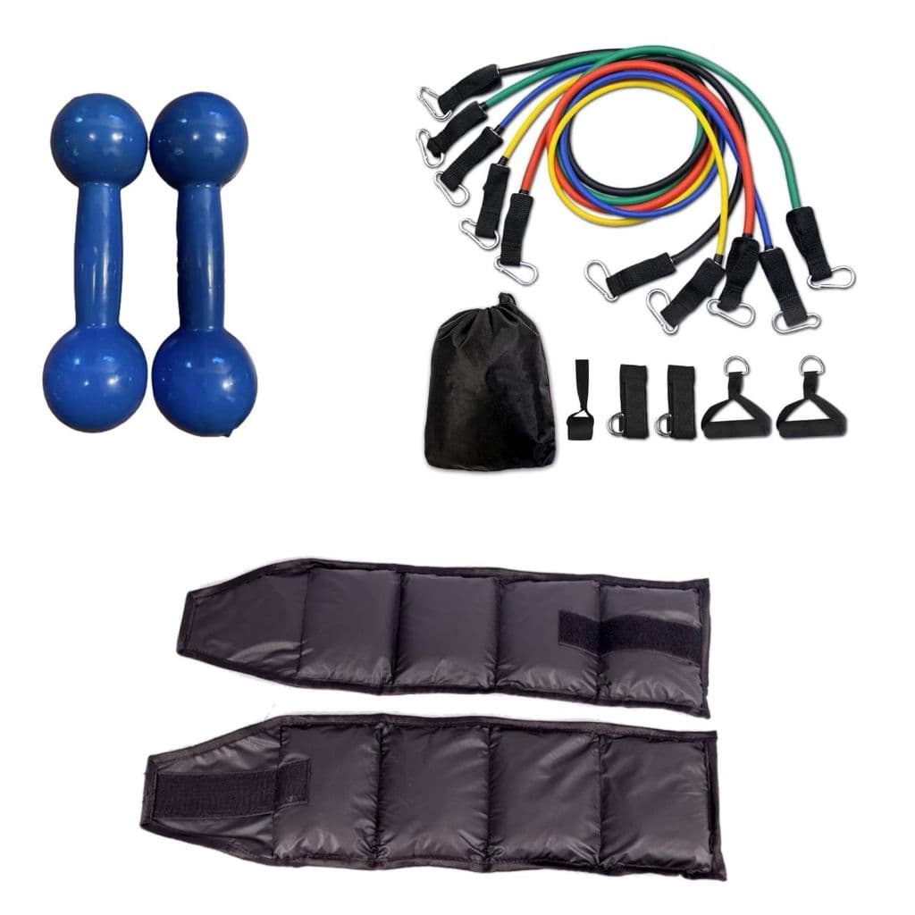 Kit De Halteres Emborrachados 2Kg Azul + Caneleiras 2Kg Preto + Kit De Elasticos 11 Itens