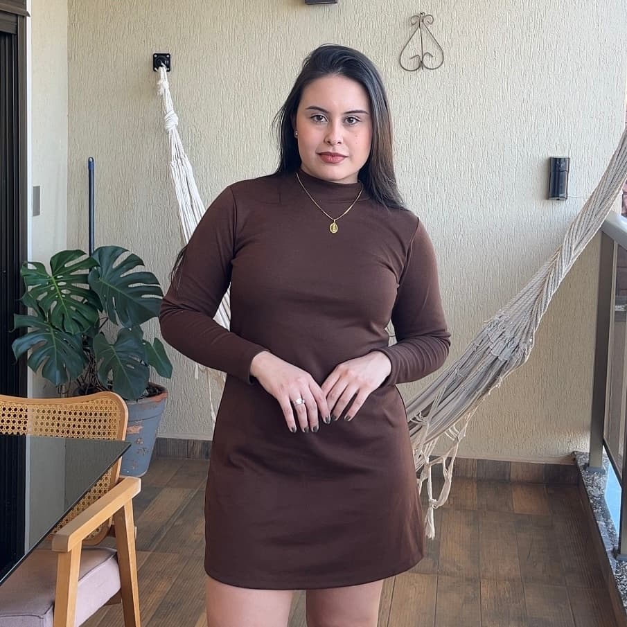 Vestido Curto Feminino Gola Alta Manga Longa Inverno Suedine Preto Branco Marsala Marrom