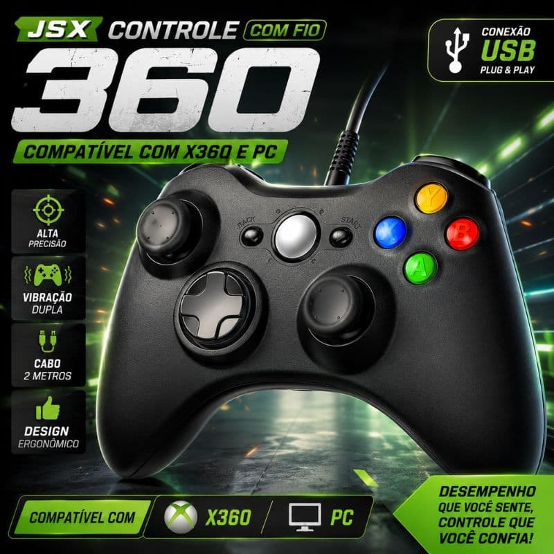 Controle Gamer USB KAP-360 Com Fio Dual Shock Vibração 2,1m Compatível Xbox 360 PC Notebook