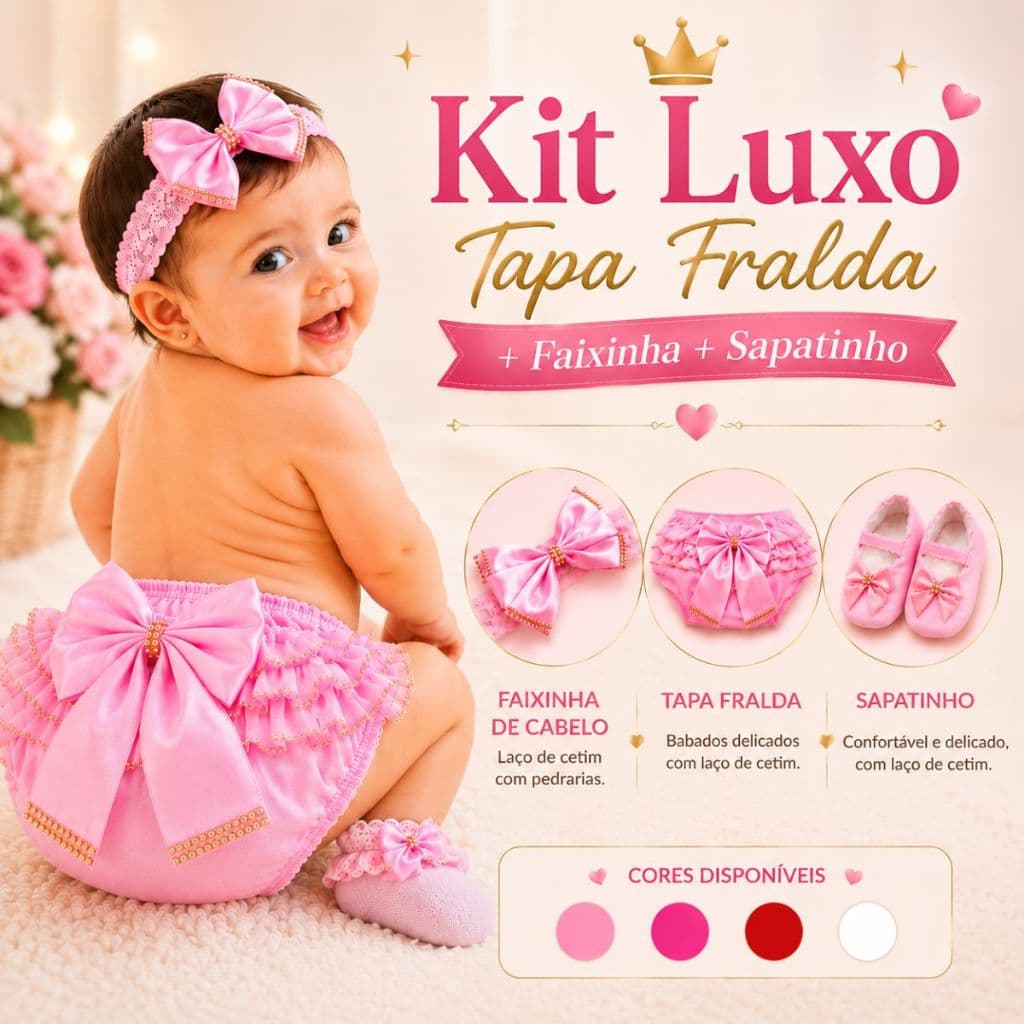 Kit 3 peças Bebê Menina Luxo Tapa Fralda com Laço Faixinha e Sapatinho 0 a 6 Meses Envio Imediato