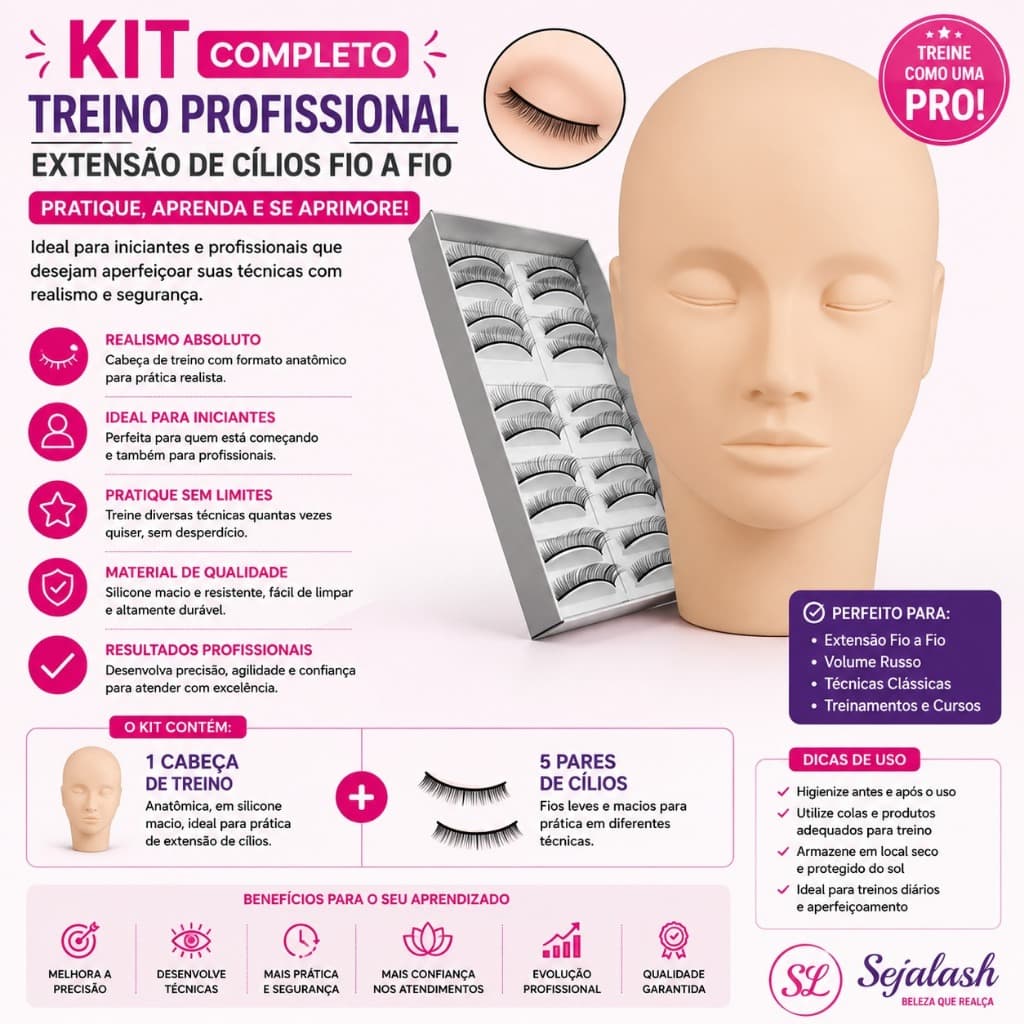 Kit Cabeça De Treino 5 Pares De Cílios Treino Extensão Fio a Fio