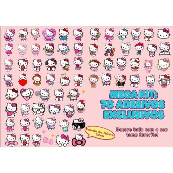 70 Adesivos Hello Kitty (A5) – Papel Adesivo Fotográfico / Para Planner, Agenda, Scrapbook, Infantil e Decoração