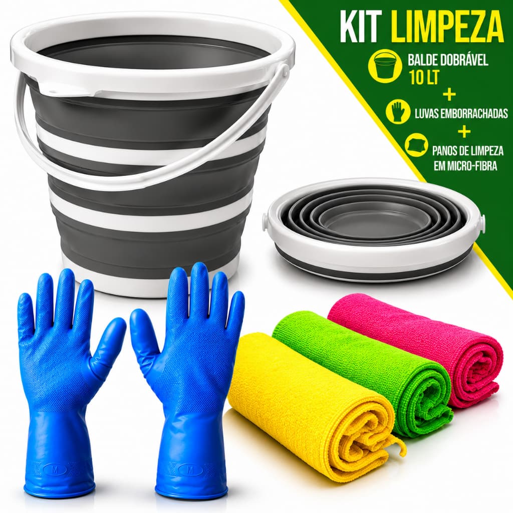 Kit Balde Dobrável 10 Litros + 3 Panos de Microfibra para Limpeza + 1 Par de Luvas , Kit Limpeza
