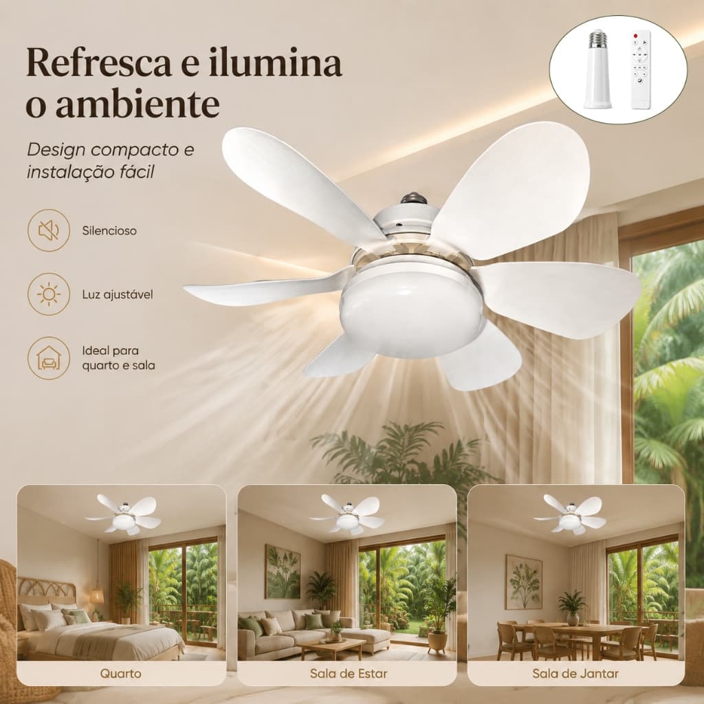 Ventilador 60w/80w de Teto Silencioso LED 3 Cores Bulbo 12w com Controle Bivolt 6 Pás Branco Potente