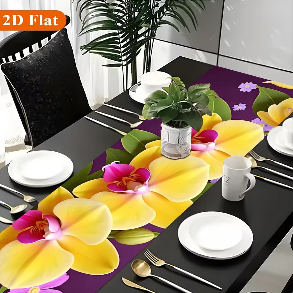 Caminho de Mesa 2D Plano 1pc, Orquídeas Amarelas e Flores Roxas, Adequado para Mesas de Jantar, Festas 1,20 x 33cm