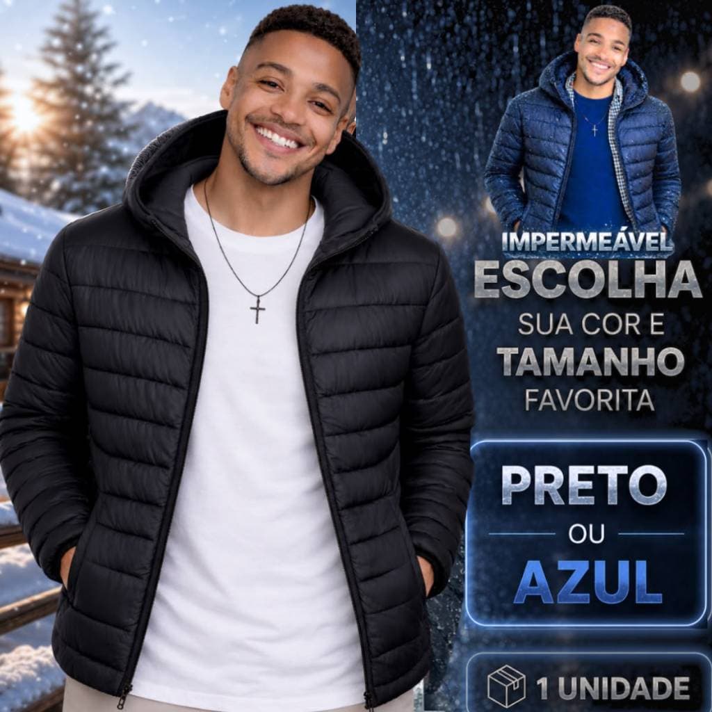 Jaqueta Bobojaco Impermeável Nylon Puffer Masculino Com Bolsos e Capuz Removível