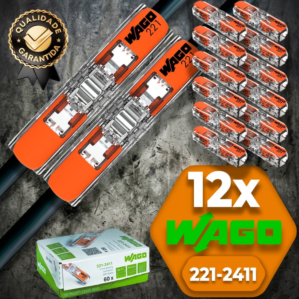 Conector de Fio Elétrico Wago Conector Wago 221-2411 Emenda 4mm² conexão automática Kit 12 peças