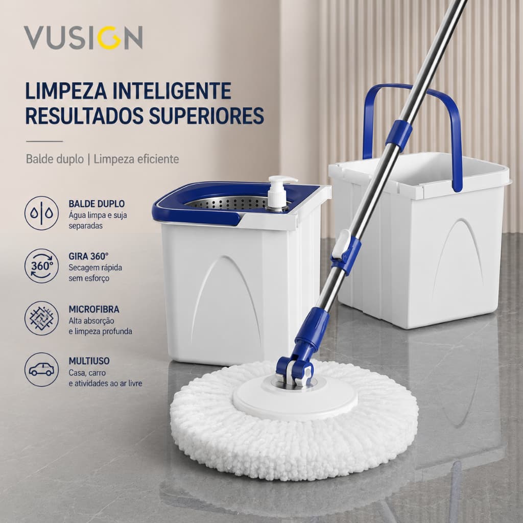 Mop Giratório com Balde Duplo Água Limpa e Suja Separadas Multiuso Centrífuga 360°