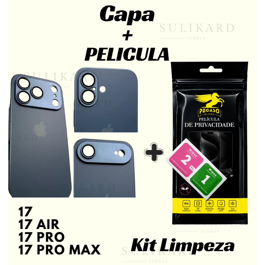 Capinha De Vidro E Pelicula ANTI-ESPIÃO + Kit Limpeza Para iPhone 17 iPhone 17 AIR  iPhone PRO  iPhone 17 PRO MAX