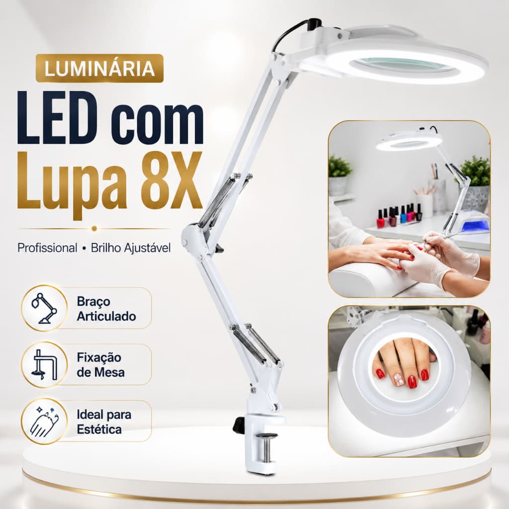 Luminária LED Com Lupa 8x Articulada Bivolt Estética Manicure Sobrancelha