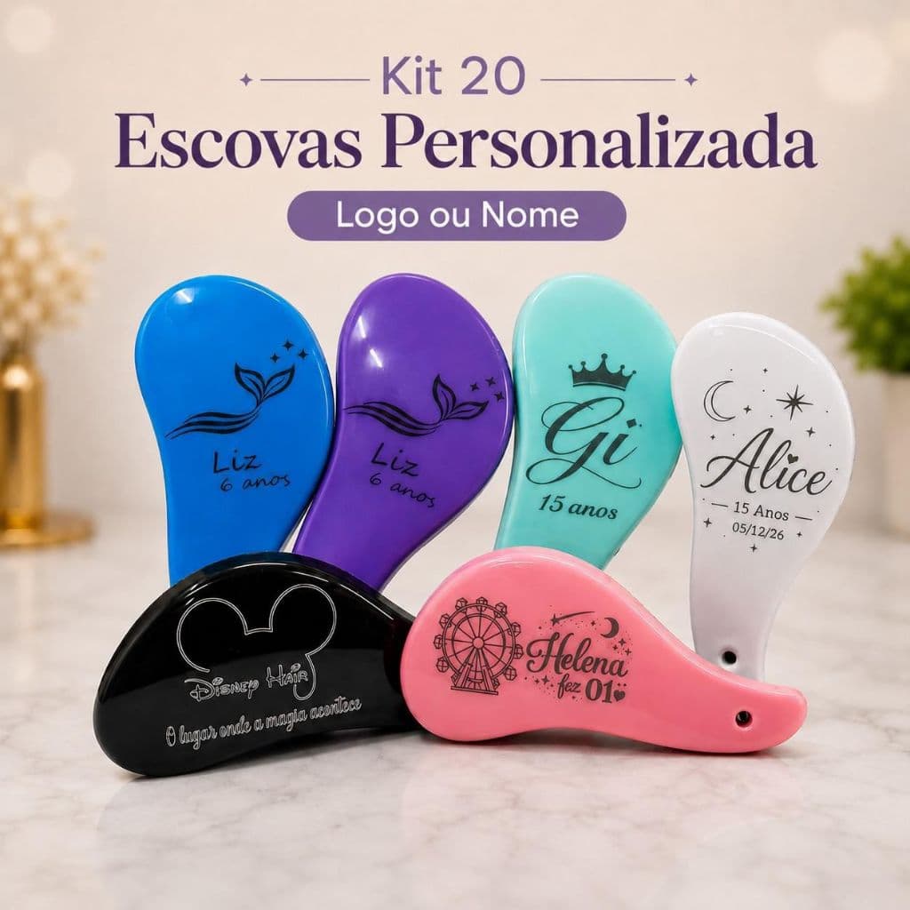 Kit 20 peças escovas Mágica  Personalizada  ( Gravação a Laser ) Lembrança Desembaraça os Fios