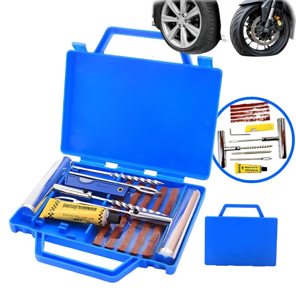 Kit Reparo de Pneus Sem Câmara 11 Peças Estojo Portátil com Brocas Aplicadores e Filetes de Borracha
