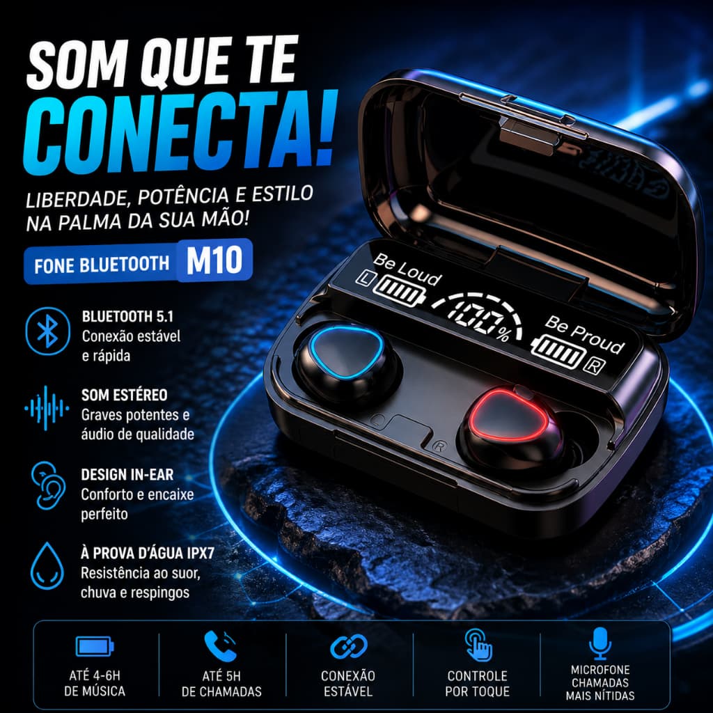 Fone de Ouvido Bluetooth 5.1 Sem Fio M10 Estéreo com Carregador Power Bank Display Digital