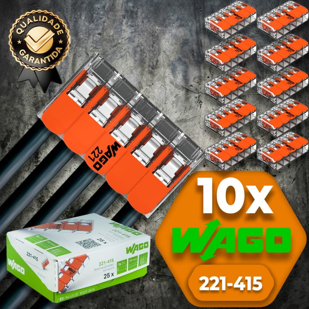 Conector de Fio Elétrico Wago 221-415 Conector Wago Emenda 4mm 32A conexão automática Kit 10 peças