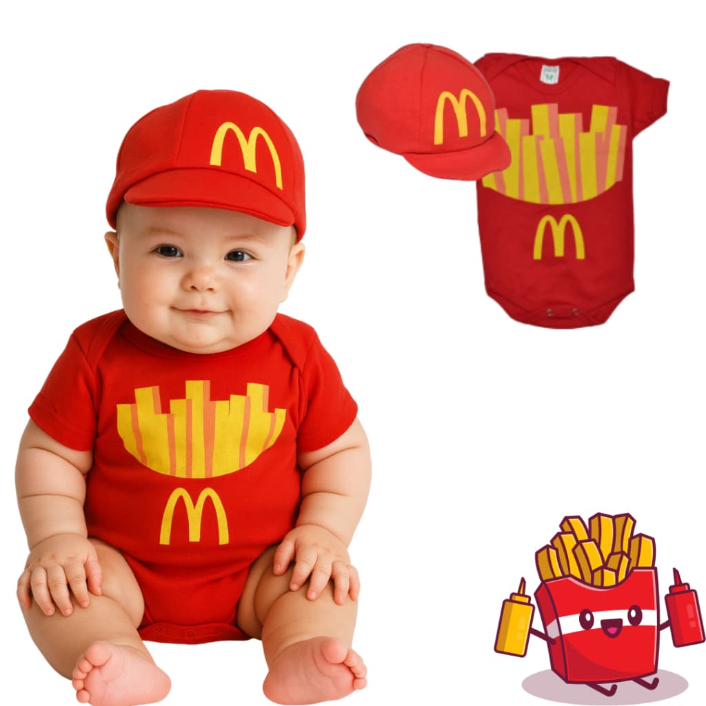 Body Infantil Bebe Mêsversario Temático do Mc Donalds Batata + Touca Boina Manga Curta 100% Algodão