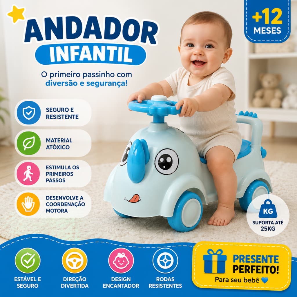 Andador Infantil Estável Rinoceronte Azul Estimulador Caminhada Segurança Diversão Bebe