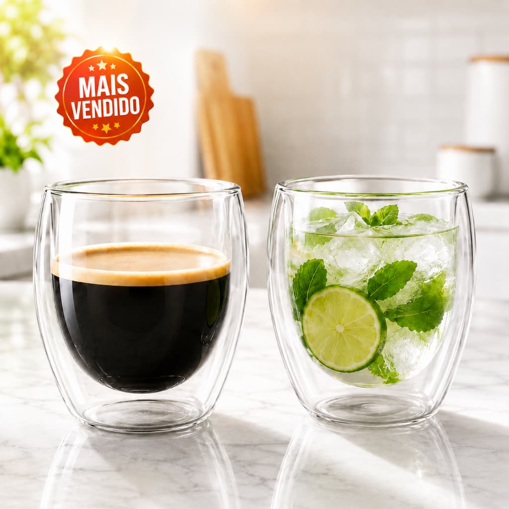 Conjunto com 2 Copos Vidro Borossilicato Dupla Parede Para Bebidas Quentes e Frias