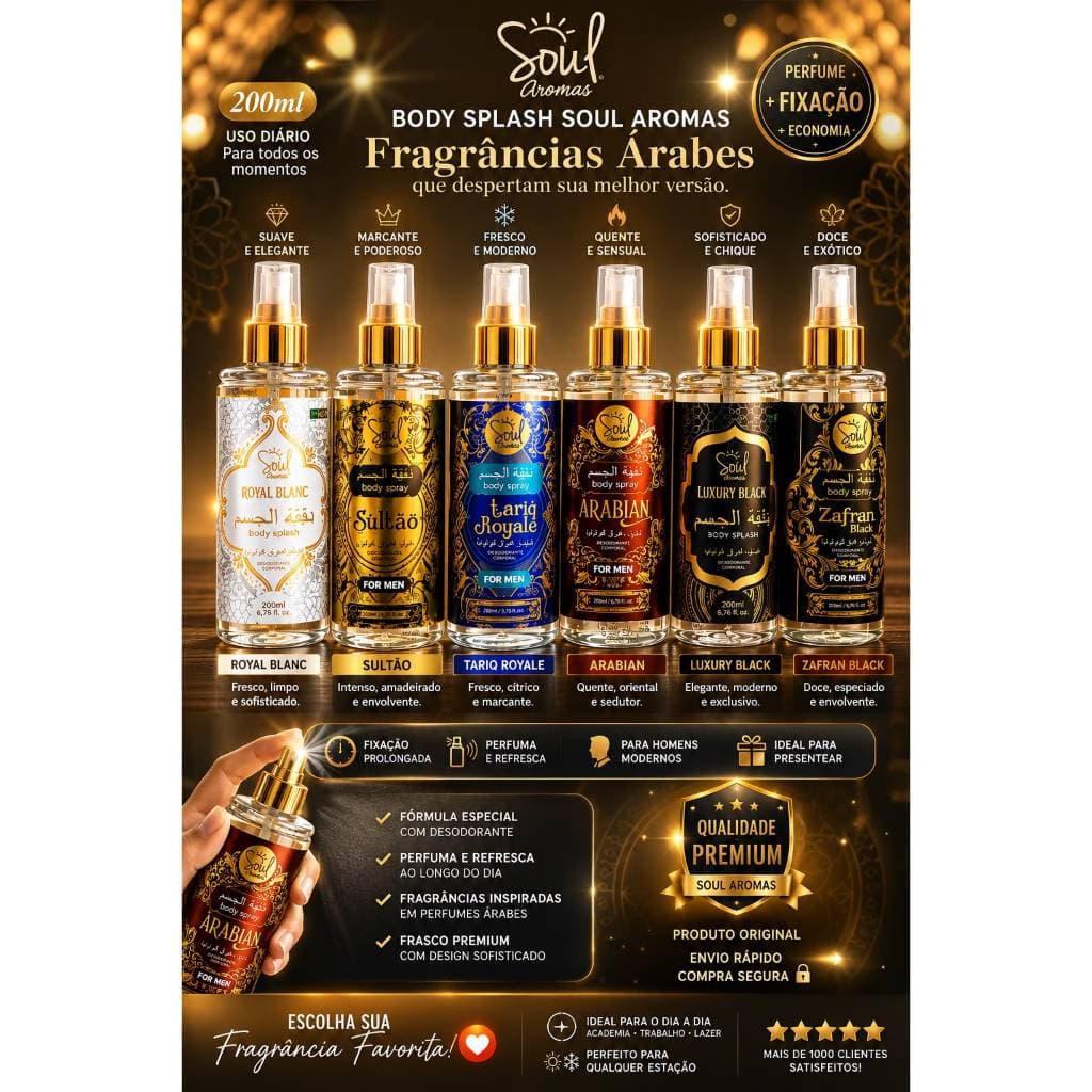Body Splash Masculino Soul Aromas 200ml Perfume Árabe Importado Longa Duração