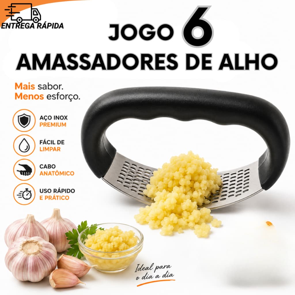 Jogo 6 Amassador De Alho Inox Resistente Para Cozinha Profissional Casa De Alimentos e Temperos