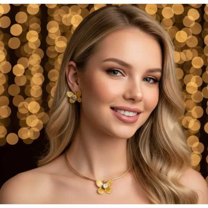 CONJUNTO COLAR ARO E BRINCO FLOR DOURADO LUXO.