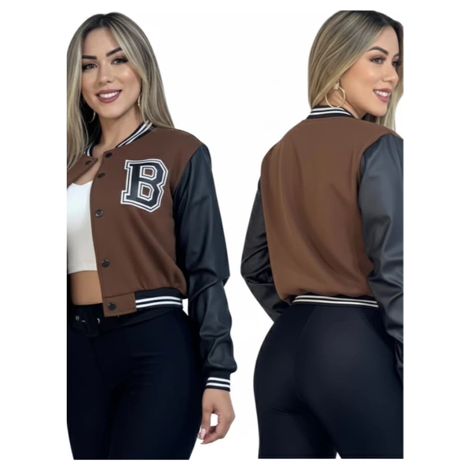 Jaqueta bomber moletom feminina, com botões manga couro, estilo colegial moda blogueira inverno