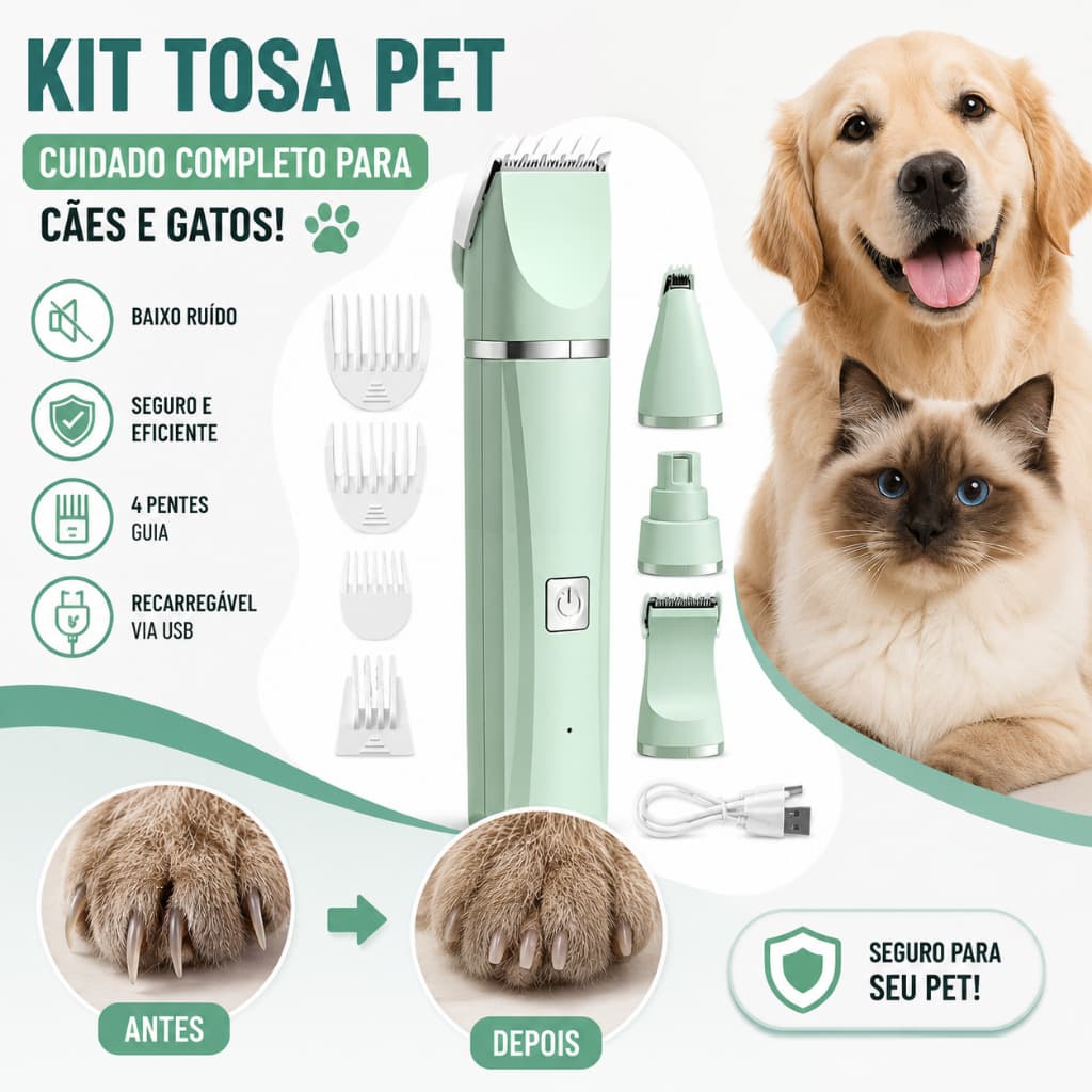 Máquina de Tosa para Pets Silenciosa – Recarregável USB, para Cães e Gatos, Ideal para Casa