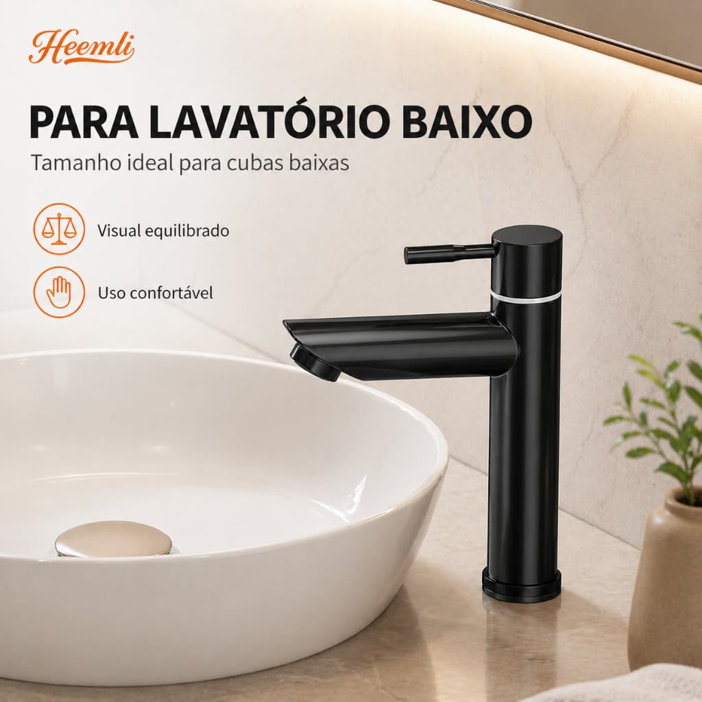 Heemli Torneira para Pia Preta Fosca – Corpo Inox, Água Fria, Durável, Economia de Água