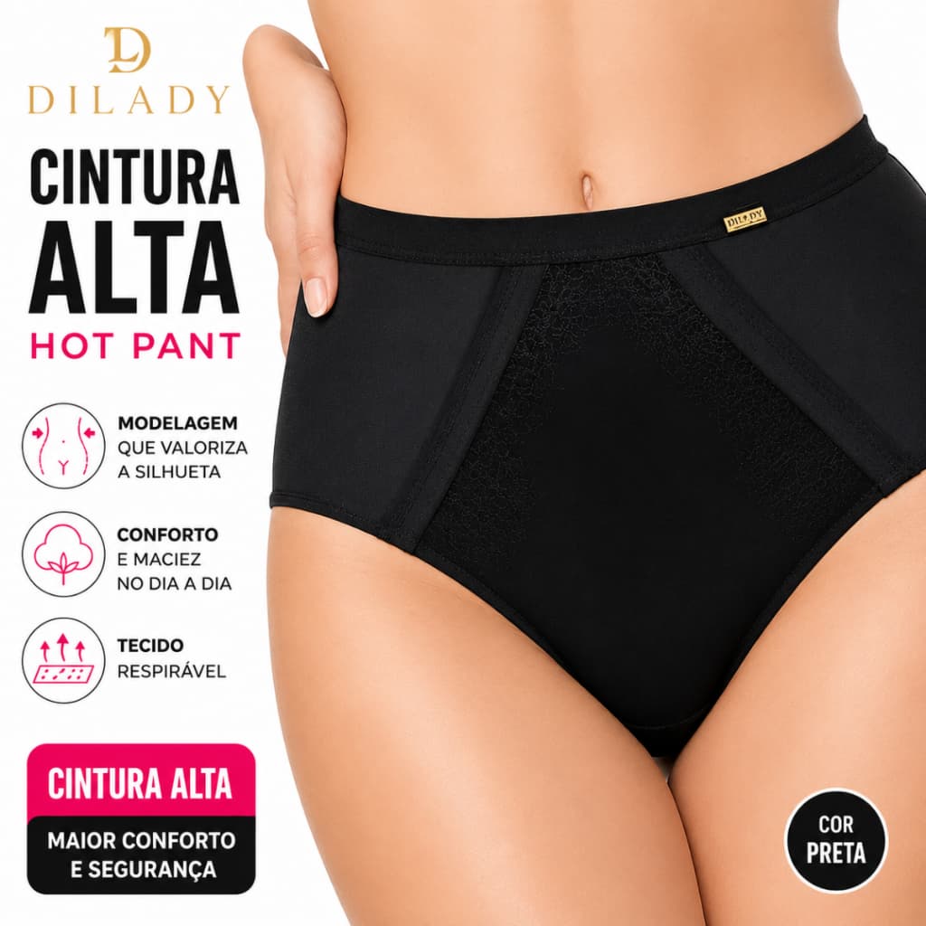 Calcinha Dilady Cintura Alta Hot Pant Feminina Modeladora Microfibra Confortável Ajuste Anatômico