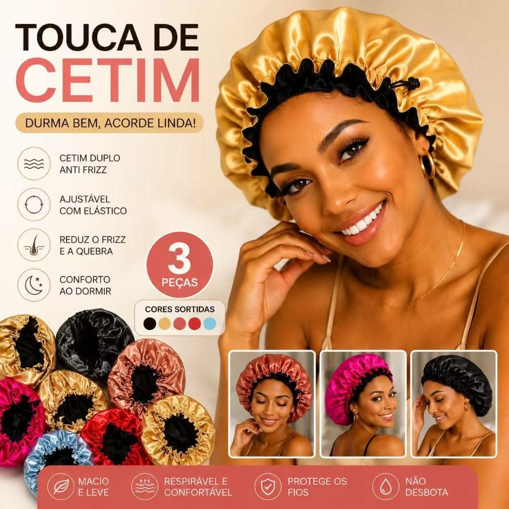 Touca cetim dupla ajustável para dormir, anti-frizz evita quebra de fios, acessório feminino para cabelos longos e cache