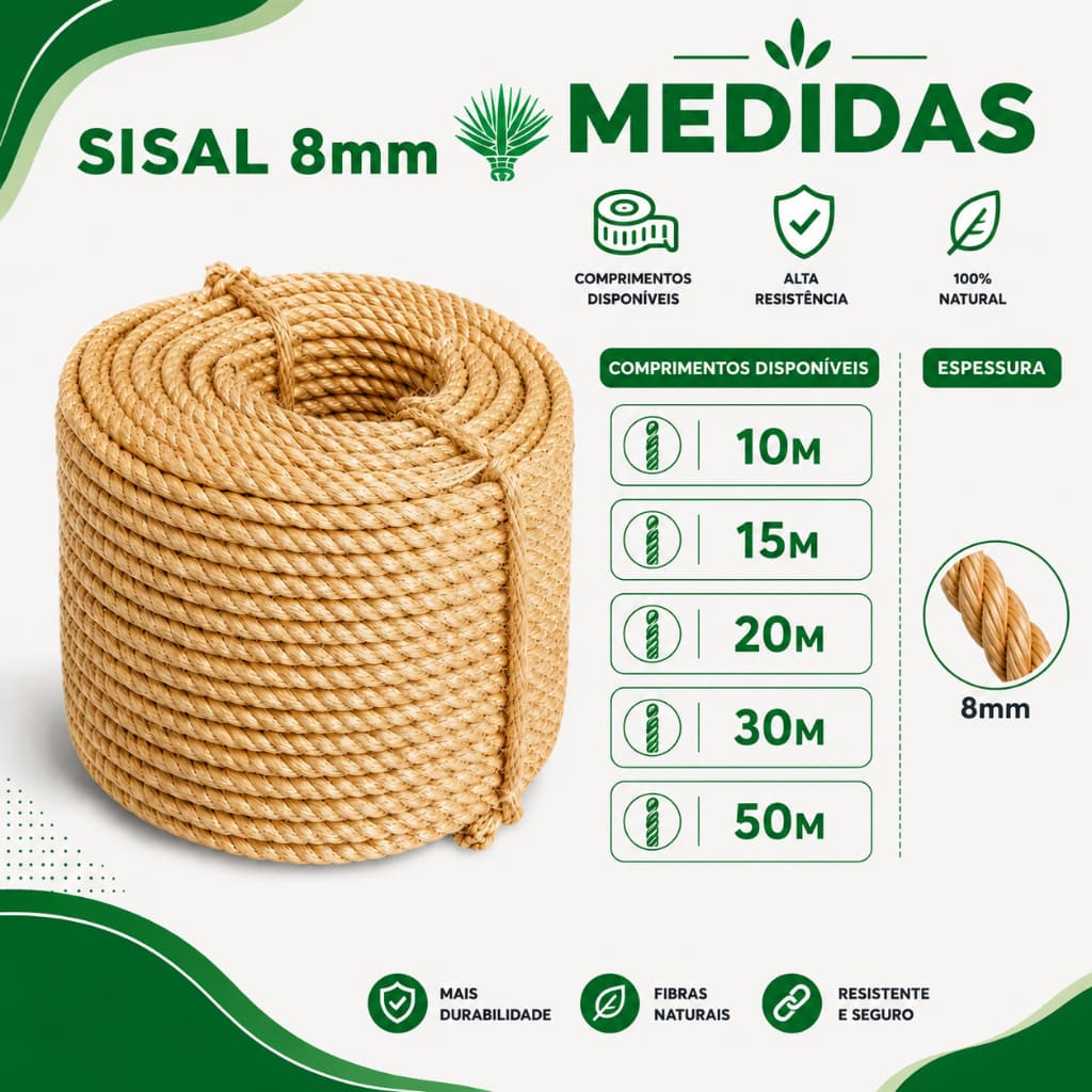 Corda de Sisal Natural Premium 8mm | Rolo 5 10 15 20 30 50 Metros | Arranhador Gatos Artesanato