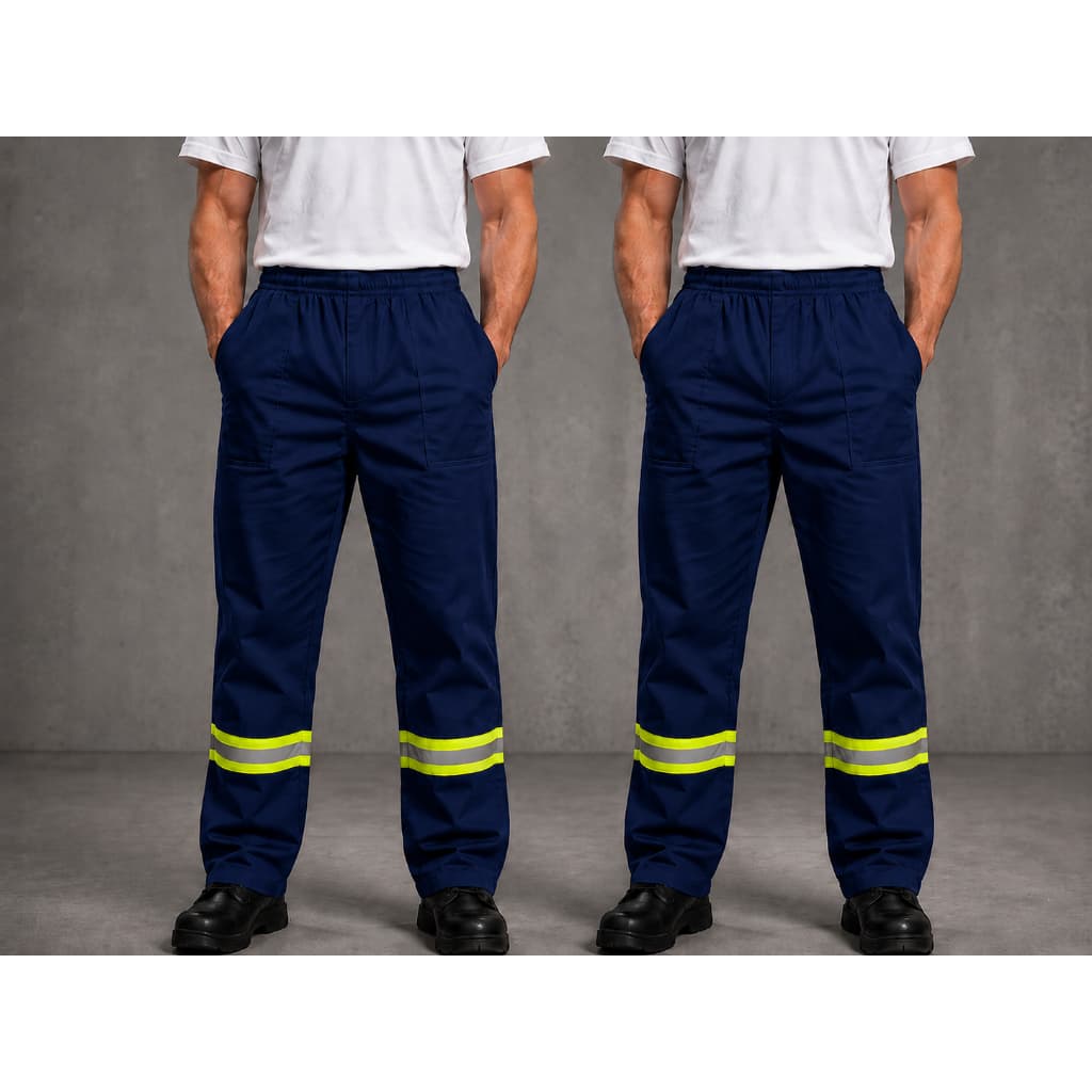 Kit C/ 2 Calça de Uniforme Pedreiro Brim Profissional Reforçada Com Faixa Refletiva Verde