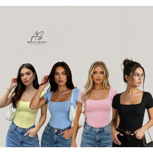 Kit 4 Baby Look - Forro Duplo Decote Quadrado Básica Simples Lisa Feminina Influencer