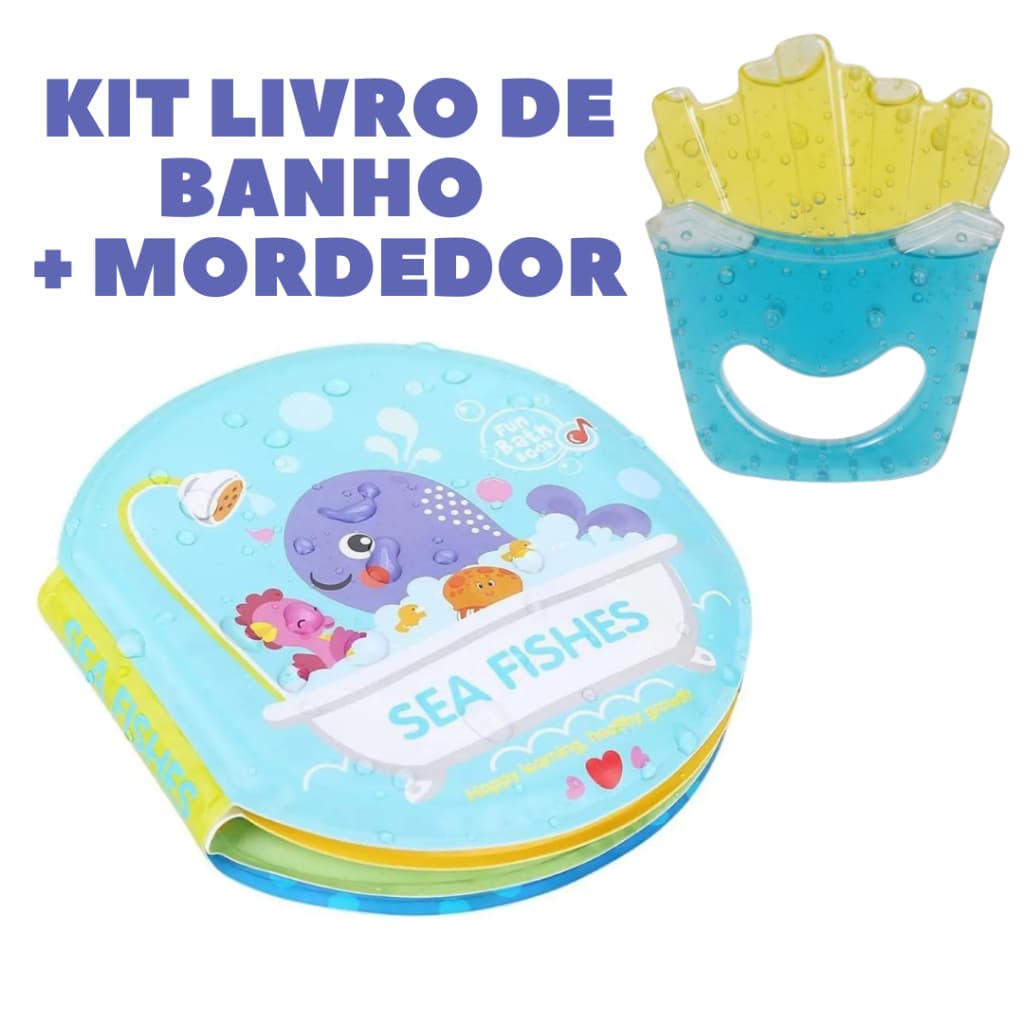 Kit Livro de Banho + Mordedor de Água Batata Presente Sensorial Estimulo Infantil Bebe Menino Menina