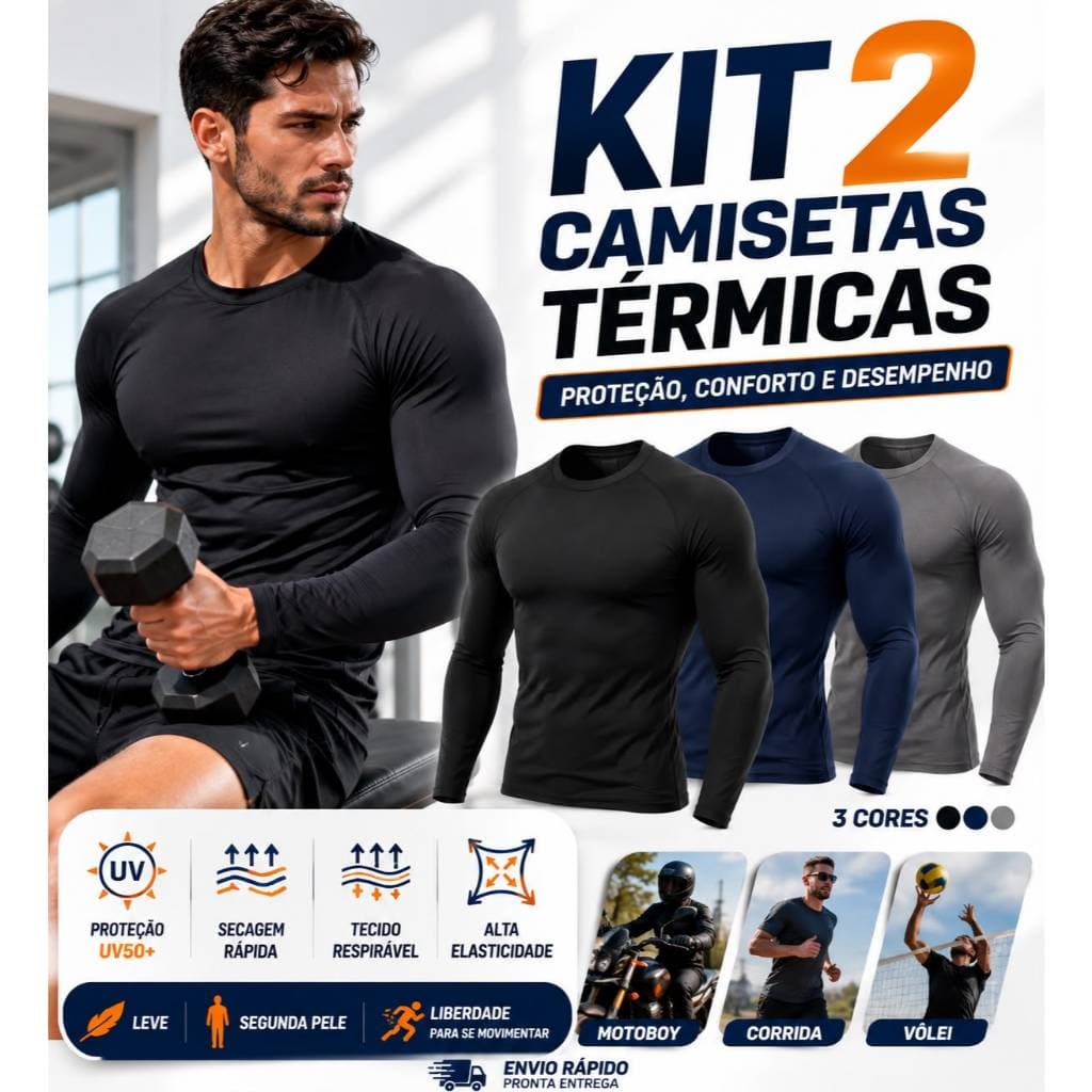 Kit 2 Camisas Térmicas UV50+ Segunda Pele Unissex Academia