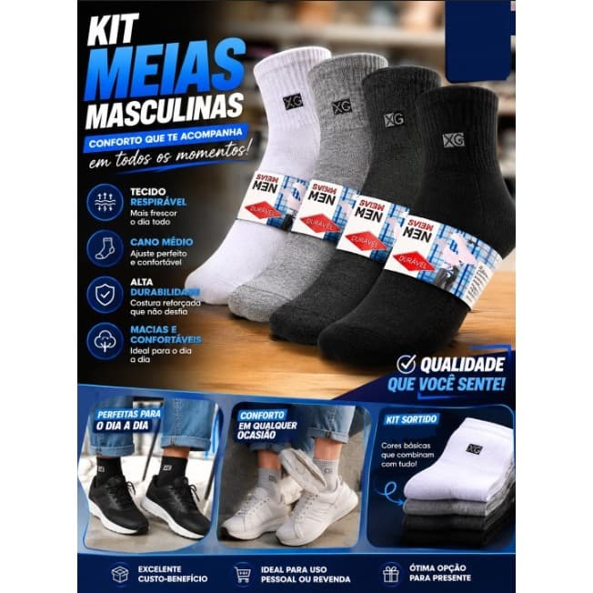 Meias Masculinas Kit 12 Meias Qualidade Premium Cores Sortidas Conforto Social e Casual Envio Rápido