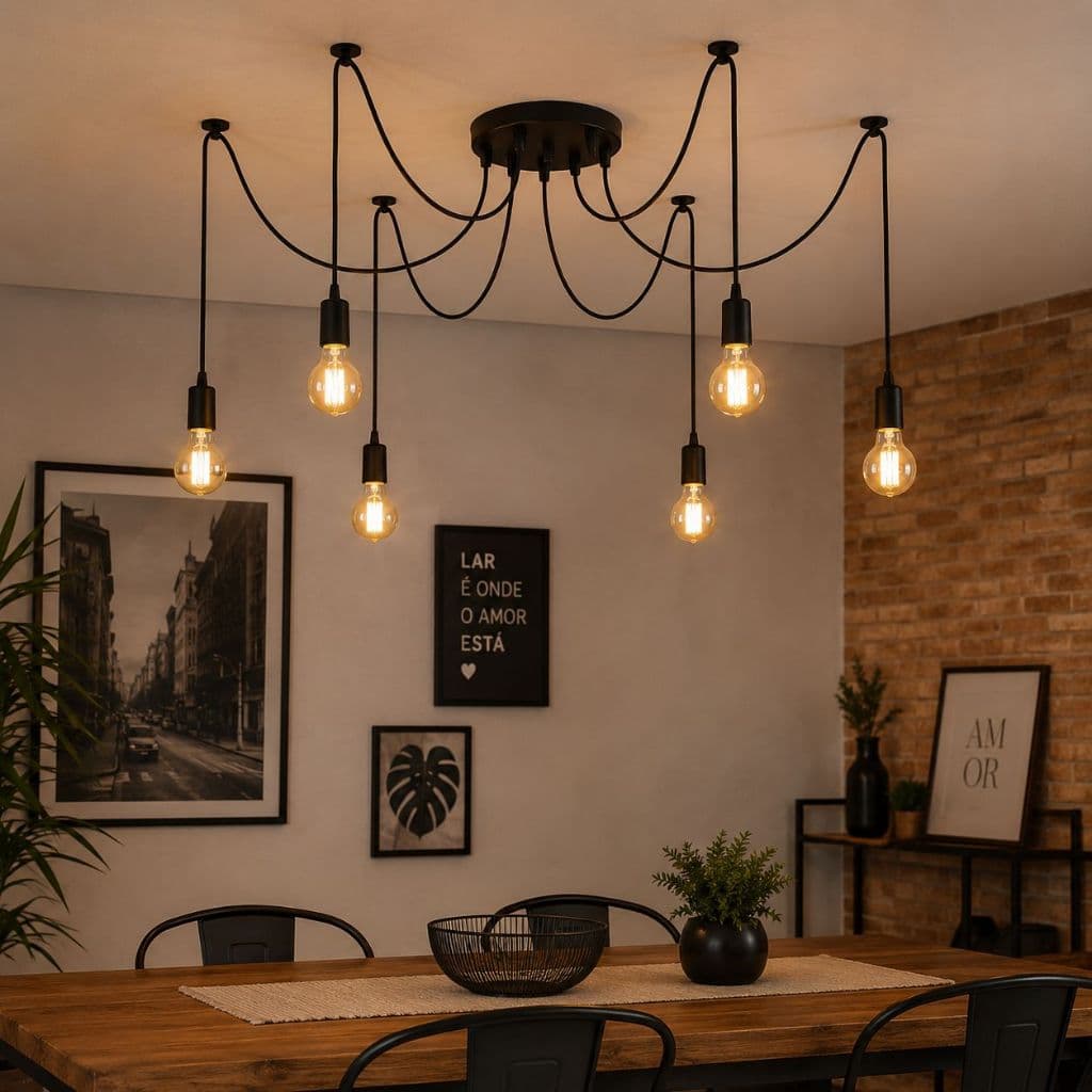 Lustre Pendente Aranha 6 Lâmpadas E27 Cobre Regulável Moderno Industrial Para Sala Cozinha Quarto