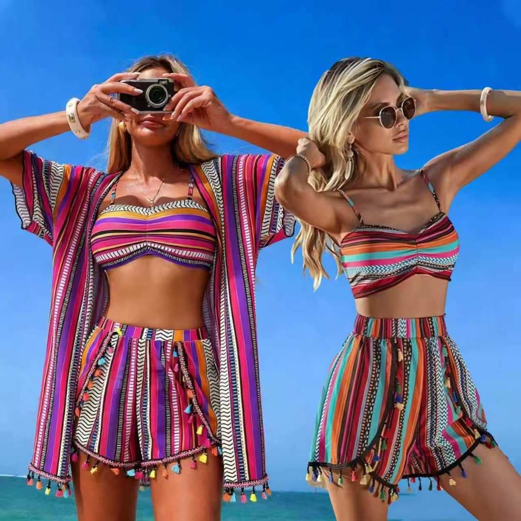 4 Peças Conjunto de Bikini com Estampa de Listras e Borlas Boho Chic para Férias na Praia ou Piscina