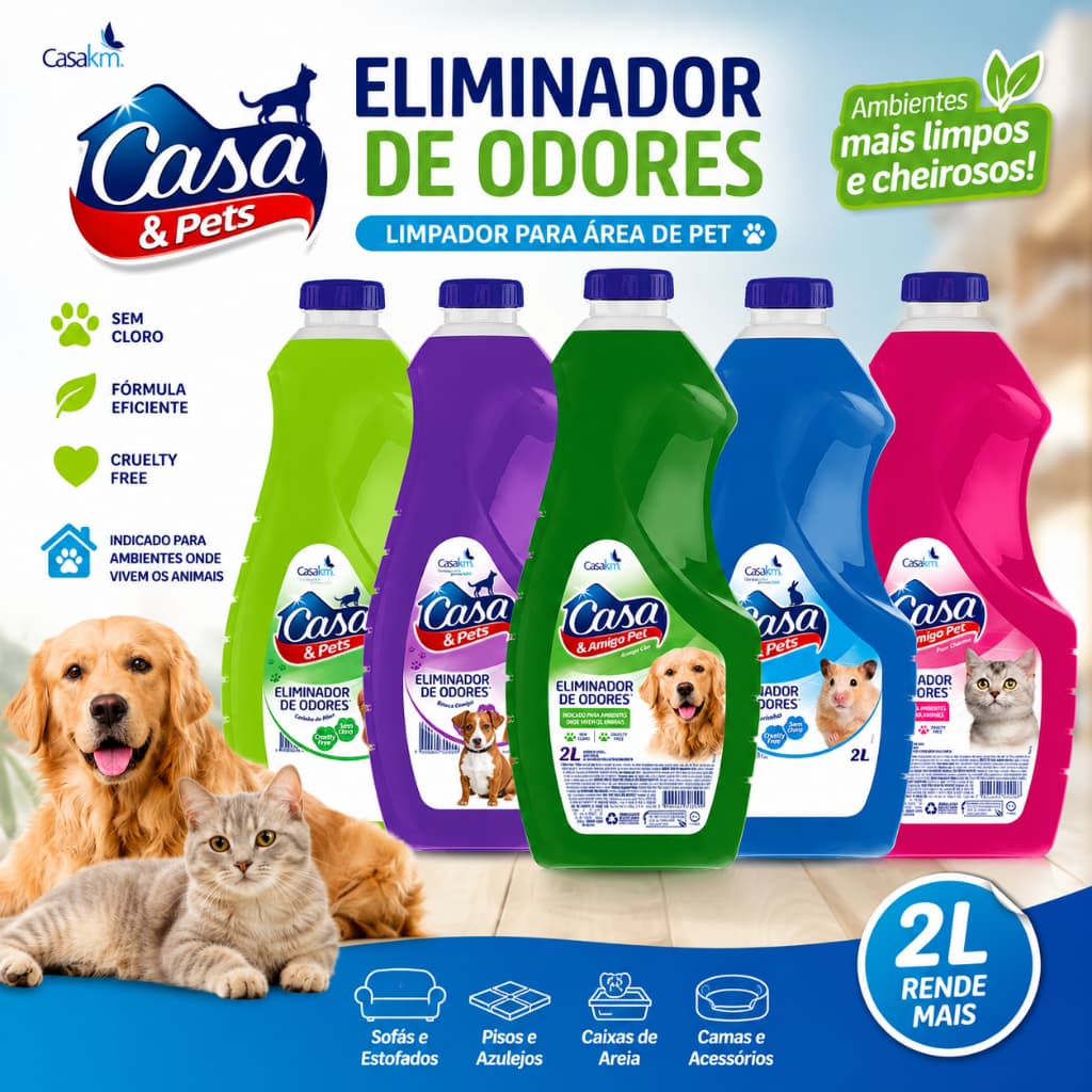 Limpador Casa & Pets 2L Eliminador Odores Gatos Cachorros Casa KM