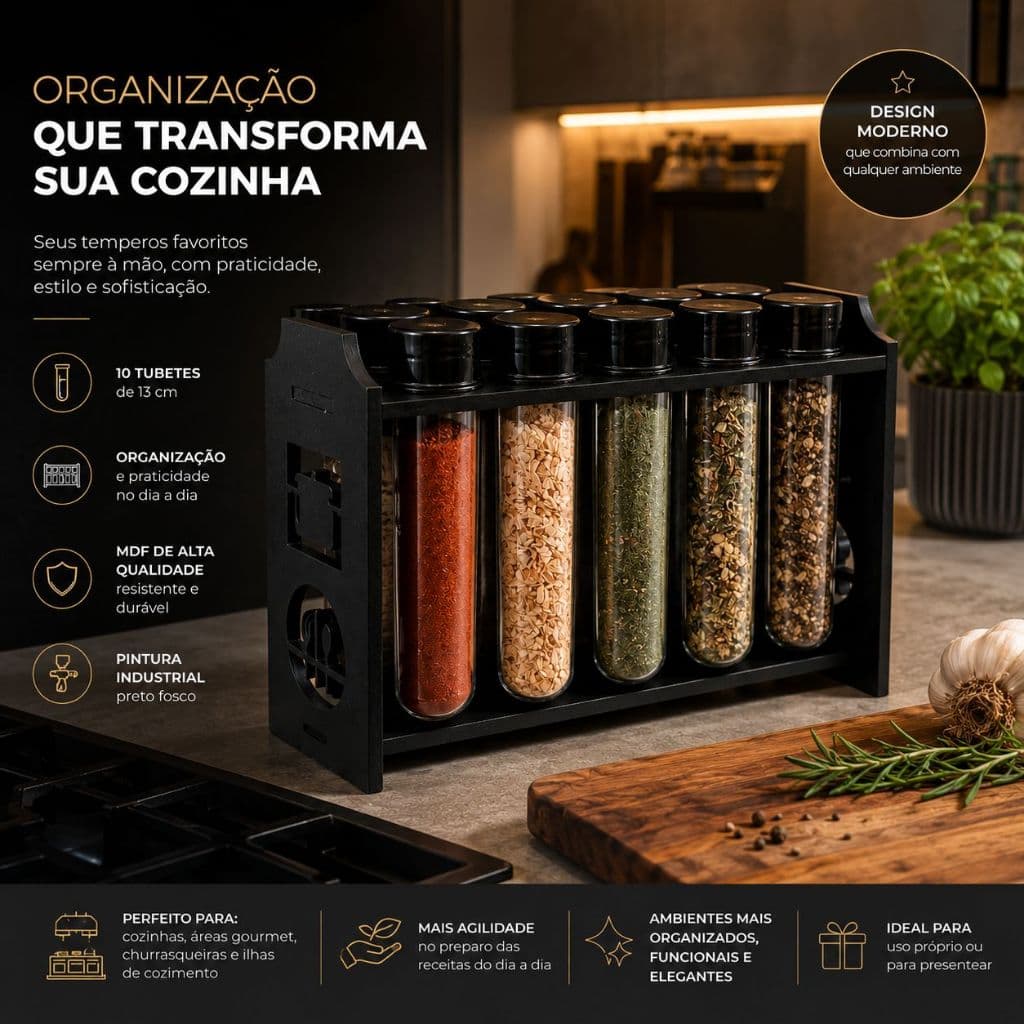 Porta Temperos e Condimentos de Bancada com 10 Tubetes em MDF Cru Preto Cozinha Moderna