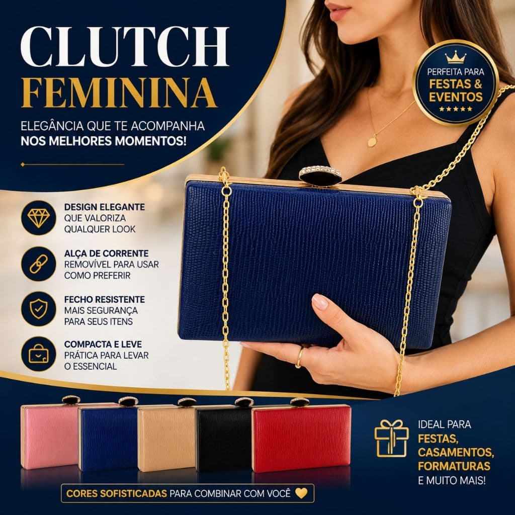Bolsa Clutch Carteira Feminina Mão e Transversal com Alça Corrente Removível Para Festas - M-418 -BC
