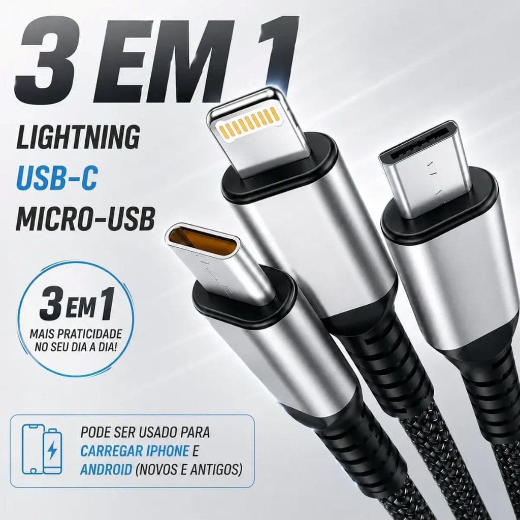 Cabo Carregador 3 Em 1 Turbo 100w Tipo C, V8 E Lightning