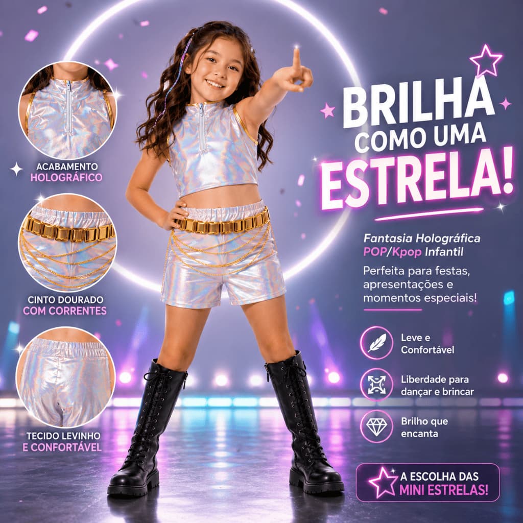 Fantasia Infantil Menina Humi Holográfica Cosplay Completa